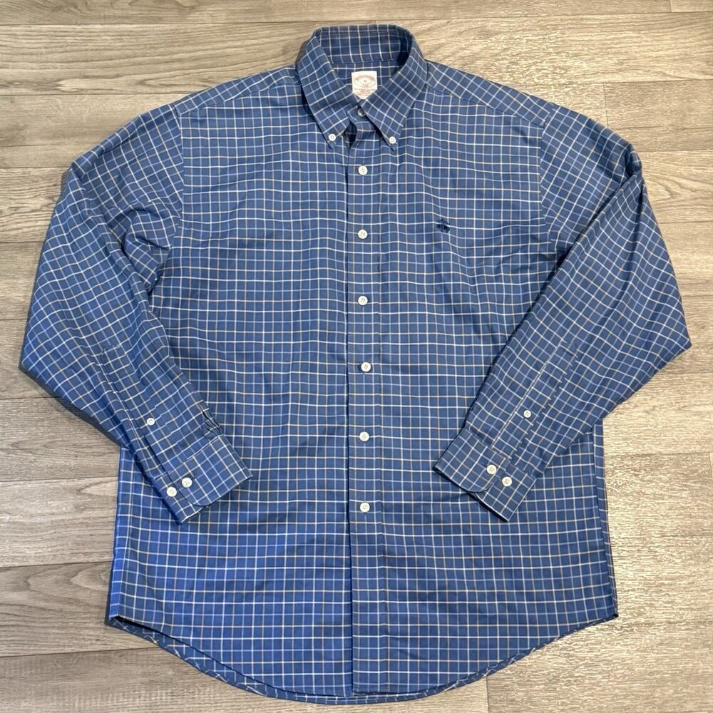 Brooks Brothers Supima Cotton Shirt Mens Medium Blue Yellow Plaid Flying Logo